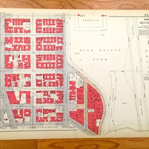 Antique Manhattan, New York City Map from Bromley's 1934 Manhattan Land Book - Fort Washington Heights, Highbridge Park, Hudson, NYC NY