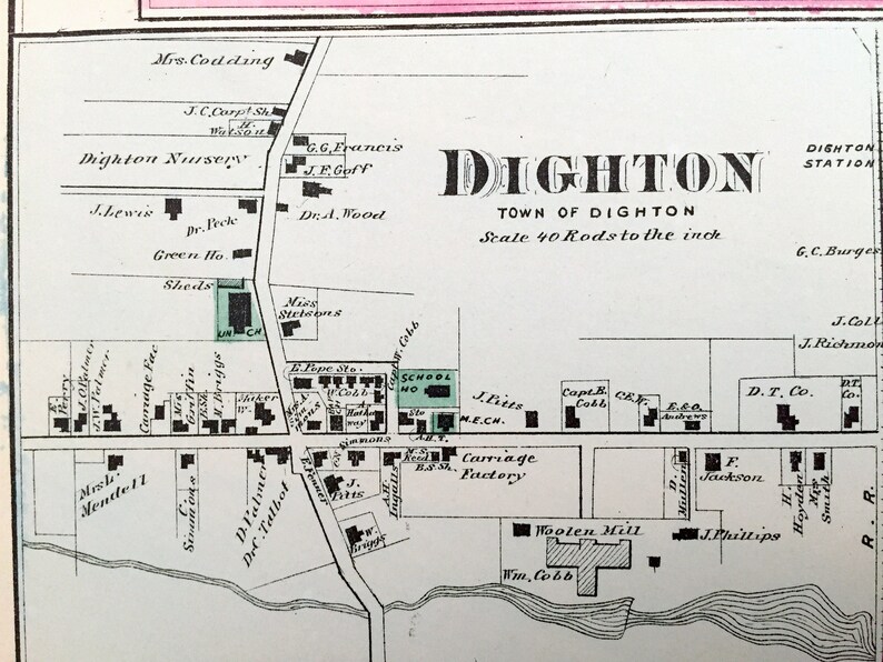 Antique 1871 Dighton Massachusetts Map from F.W. Beers Atlas Etsy