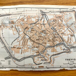 Antik 1913 Trevi, Italien Karte von Baedekers Guide – Venetien, Piazza dei Signori, Palazzo dei Trecento, Fontana Tette, Fiume Sile