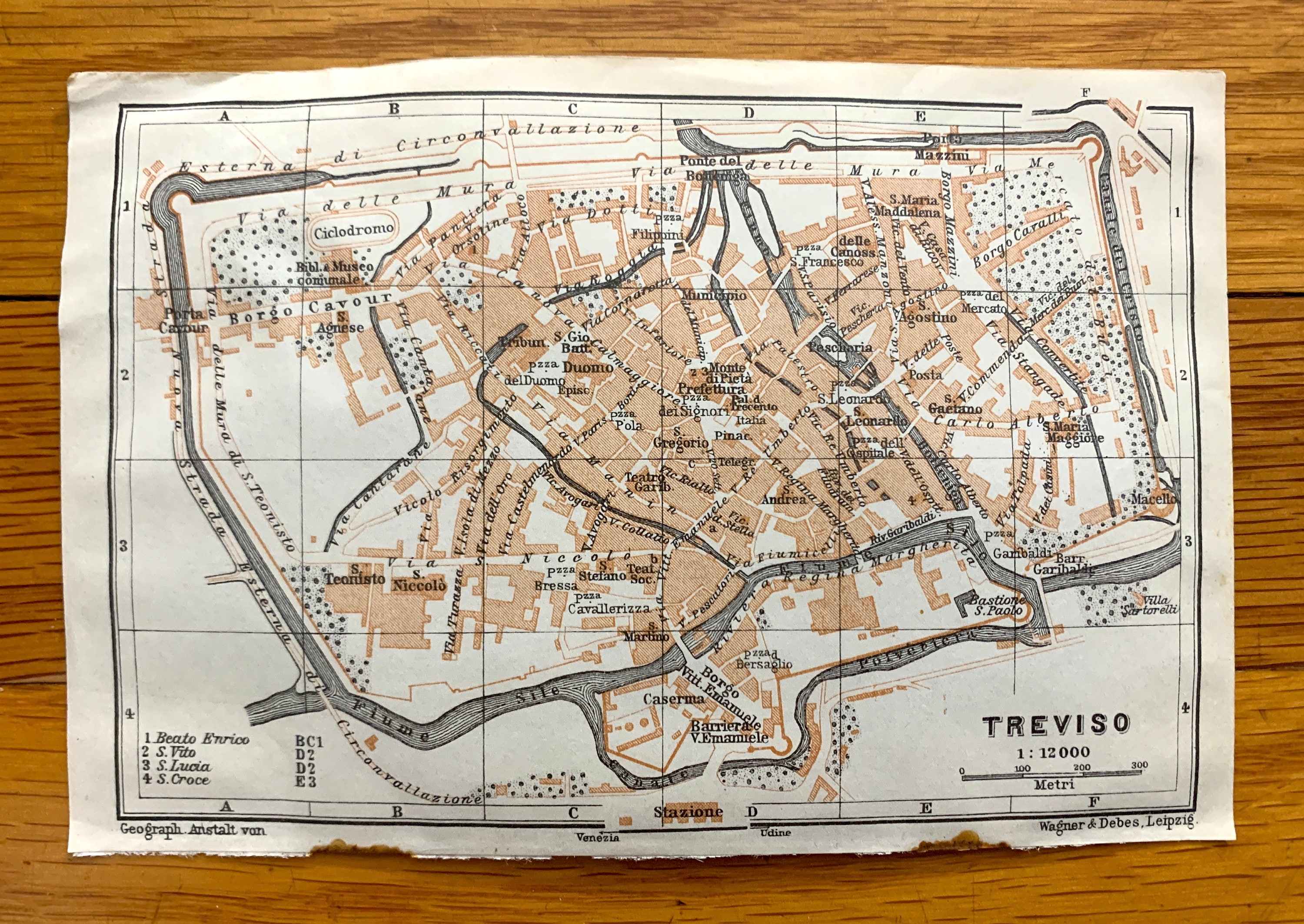 Antique 1913 Treviso, Italy Map From Baedekers Guide – Veneto