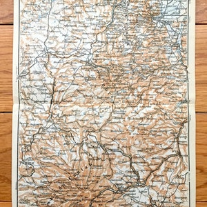 Antiguos 1914 Montes de Cantal, Francia Mapa de Baedekers Guía Atlas – Mauriac, Saint-Flour, Issoire, Clermont, Riom, Crocq, Ussel, Besse