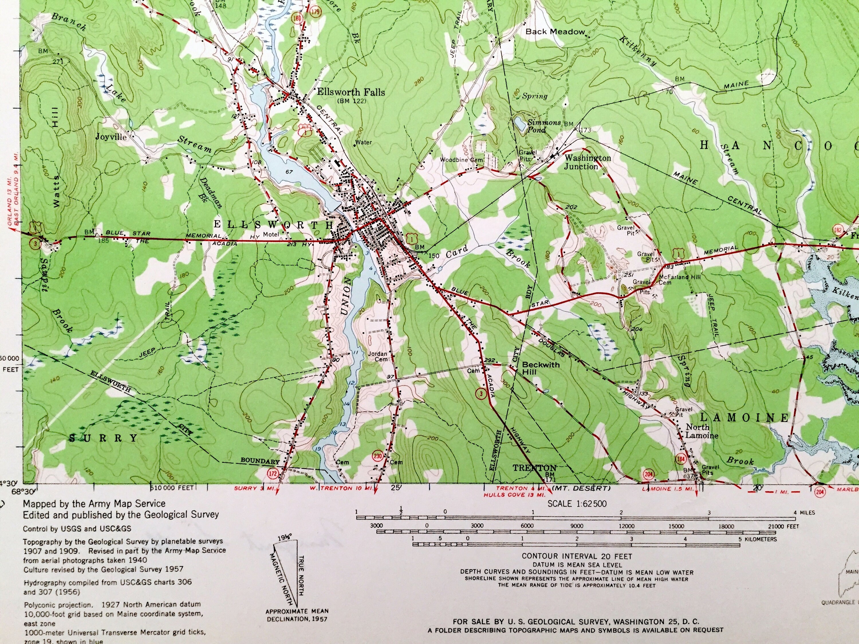 Antique Ellsworth, Maine 1957 US Geological Survey Topographic Map ...