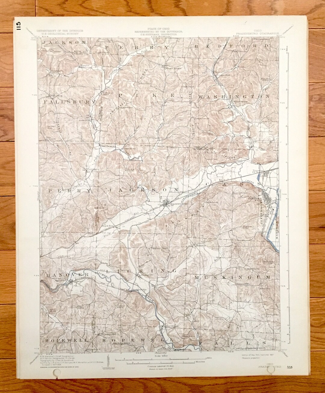 Antique Frazeysburg, Ohio 1910 US Geological Survey Topographic Map