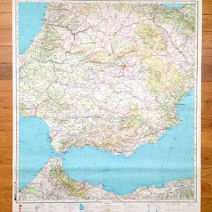 Antigo SOVIÉTICO Espanha, Portugal e Marrocos 1973 Exército Russo * TAMANHO DA PAREDE * Mapa de pesquisa - Madrid, Gibraltar, Tânger Granada Málaga Argélia França