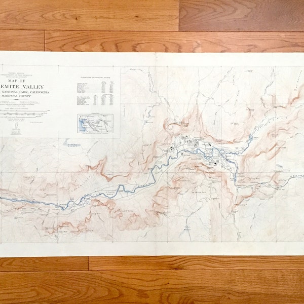 Antique Yosemite Valley, California 1938 US Geological Survey Topographic Map – National Park, Mariposa County, Tenaya Merced River Hotel CA