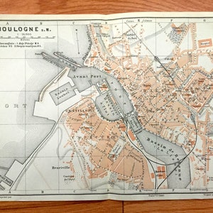 Antique 1909 Boulogne, France Map from Baedekers Guide Atlas – Avant Port, Basse Ville, Haute Ville, Henriville, Chatillon, Plage des Bains