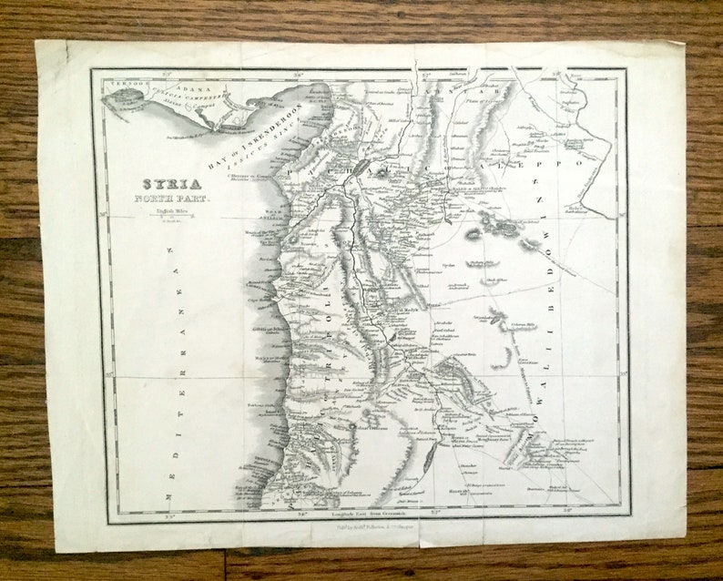Antique 1845 Map of Syria by Archibald Fullarton & Co – Lebanon, Turkey, Palestine, Tripoli, Homs, shops Aleppo, Holy Land, Mediterranean Sea