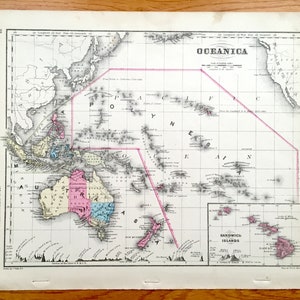 Antieke Oceanië 1866 Rand McNally-kaart - Australië, Nieuw-Zeeland, Tasmanië, Polynesië, Filippijnen, Hawaï, Borneo, Sumatra, Java, Maleisië