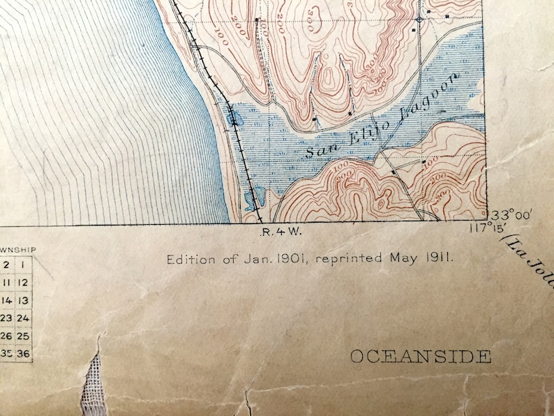 Escondido Carlsbad California 1901 US Geological Survey Topographic Map \u2013 San Luis Rey Merle CA Antique Oceanside Encinitas Santa Rosa