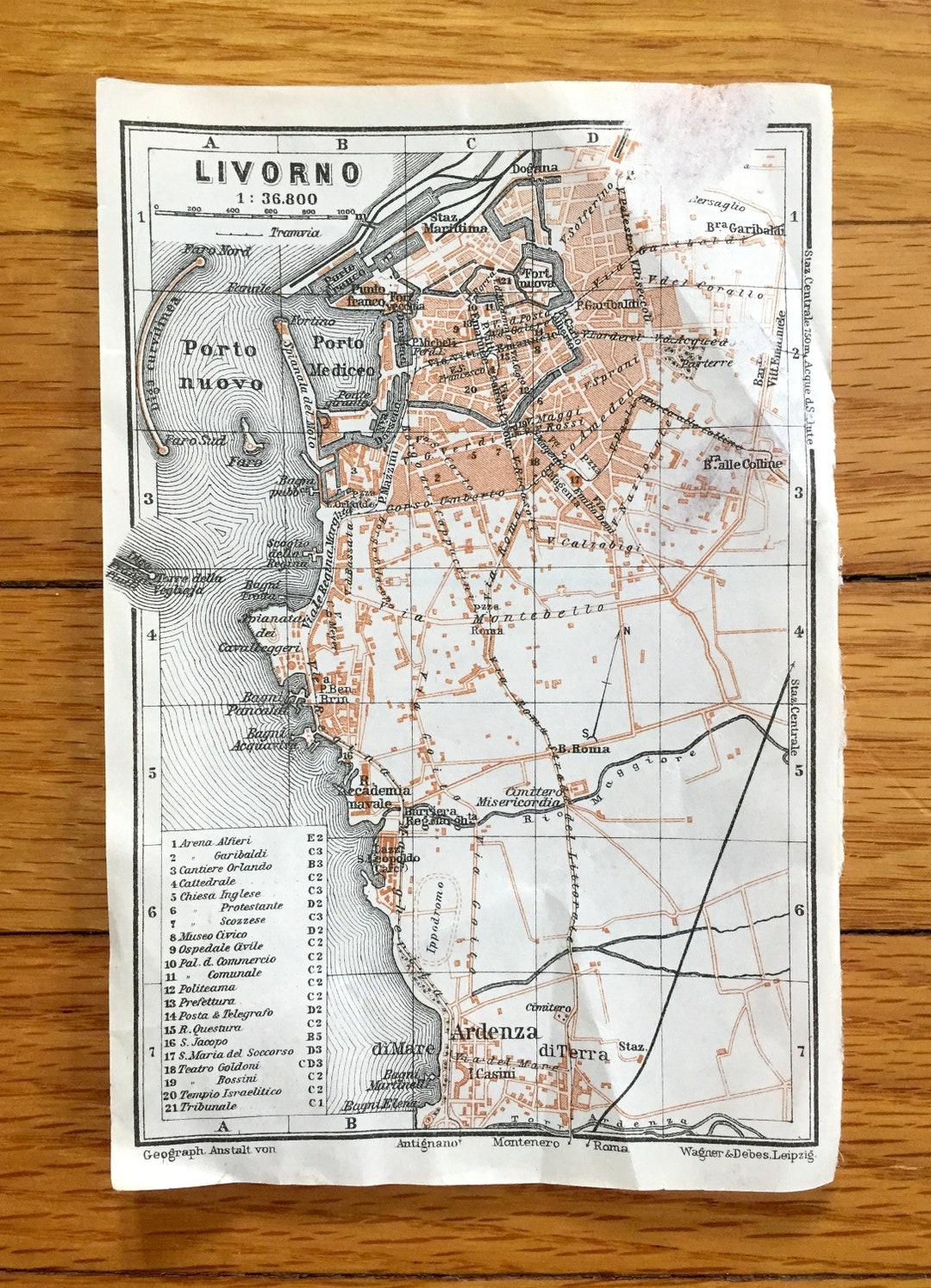 Antique 1913 Livorno, Italy Map From Baedekers Guide – Tuscany ...