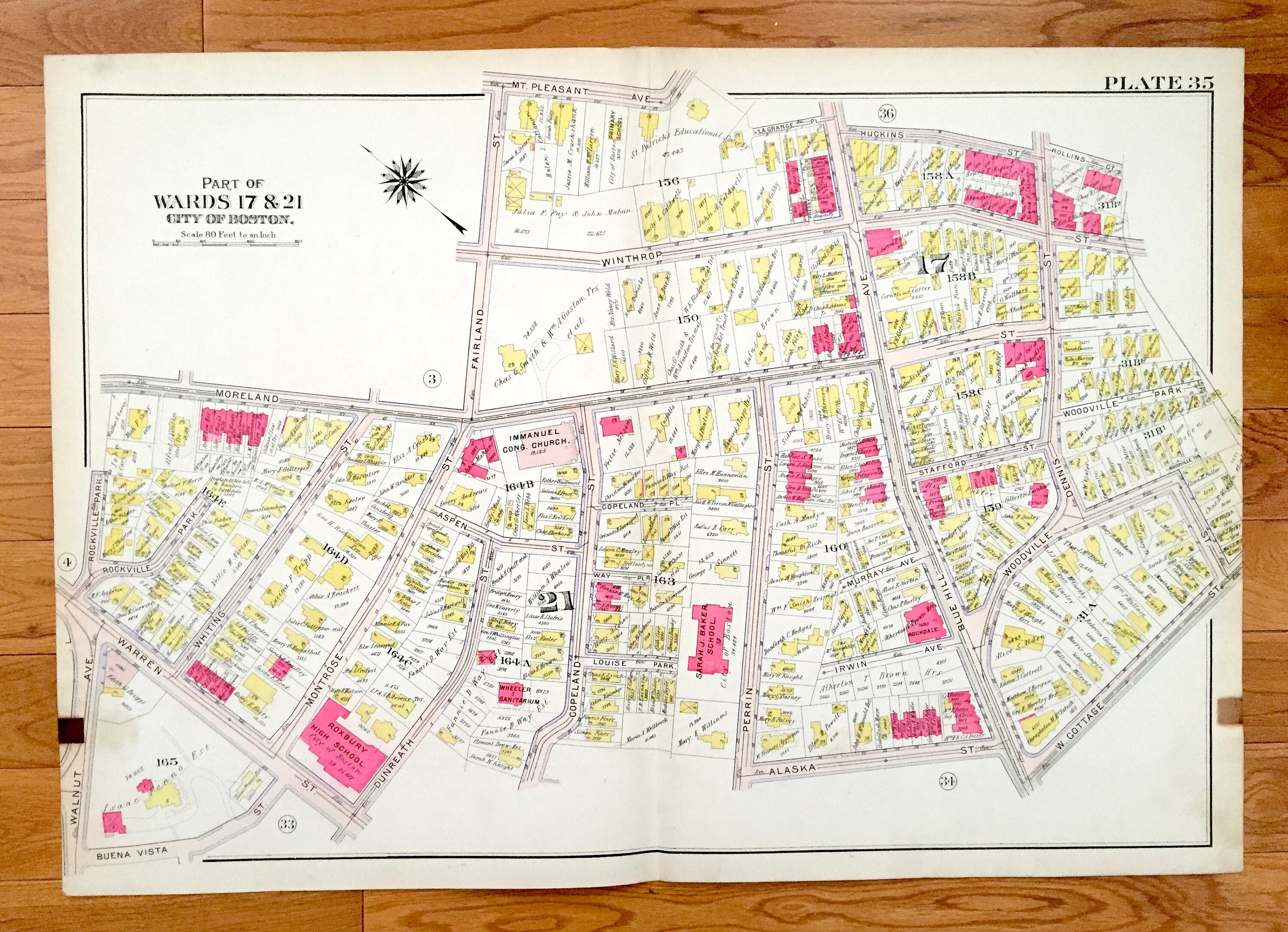 Antike 1906 Roxbury, Massachusetts Karte von GW Bromley Atlas – Boston, Suffolk County, Washington Park, Dudley Square, Brunswick King, MA