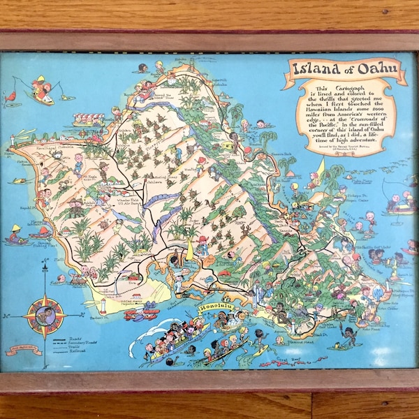 Antique 1931 Island of Oahu, Hawaii Map by Ruth Taylor – Honolulu, Pearl Harbor, Kahuku, Kailua, Waipahu, Haleiwa, Kaneohe, Ewa Forest, HI