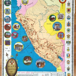 Antike Peru, Südamerika-Touristenkarte 1971 – Lima, San Martin, Ancash, Arequipa, Lambayeque, Ecuador, Kolumbien, Brasilien, Bolivien, Chile