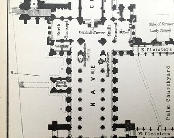 アンティークの 1927 年ウェルズ大聖堂建築設計図、ベデカーズ