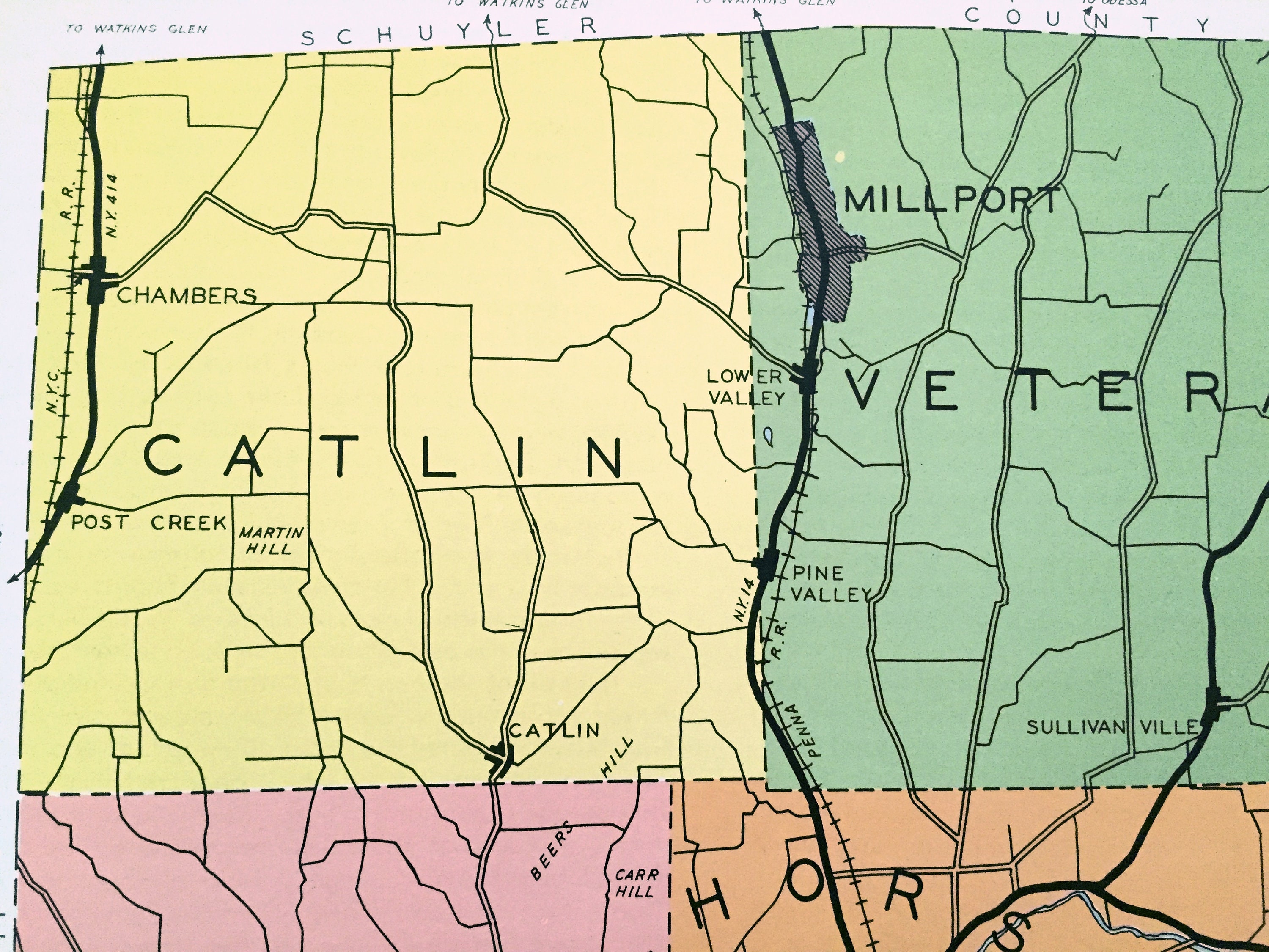 Antique Chemung County, New York 1941 Historical Atlas Map Elmira, Horseheads, Big Flats