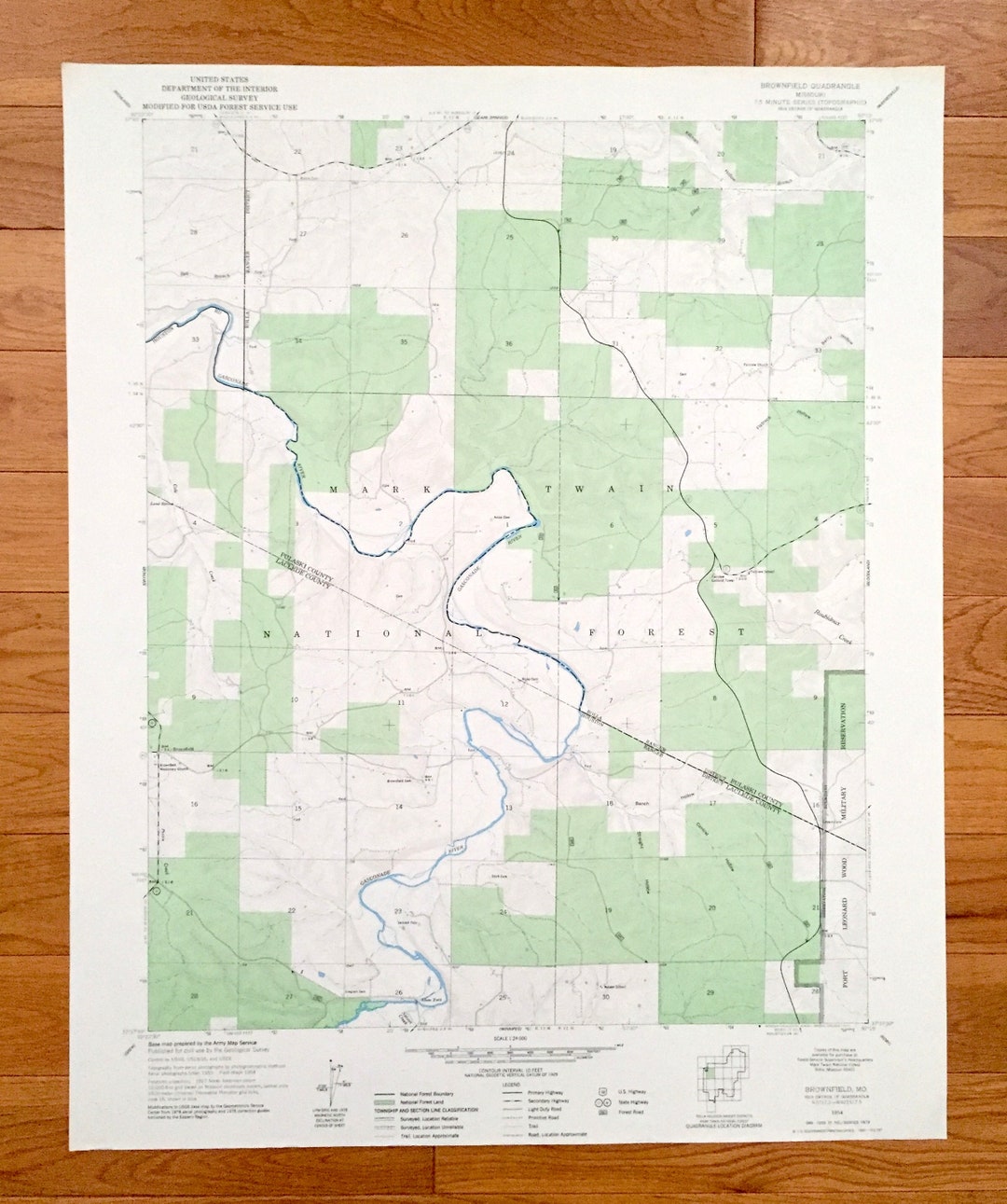 Antique Brownfield, Missouri 1954 US Geological Survey Topographic Map