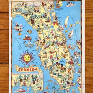 Antieke kaart van de staat Florida uit 1938 uit Our Gay Geography door Ruth Taylor - Miami, Key West, Palm Beach, Tampa Bay, St. Augustine, Jacksonville, FL