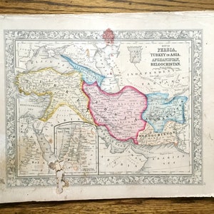 Antik 1860 Persien, Türkei, Afghanistan, Belutschistan Landkarte von S. Augustus Mitchell – Palästina, Israel, Irak, Iran Syrien Pakistan Naher Osten