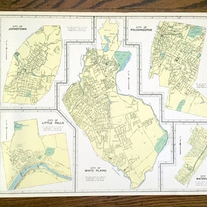 Antike Weiße Ebenen, Johnstown, Little Falls, Poughkeepsie & Watervliet, New York 1941 Historischer Atlas Stadtplan – Westchester NY
