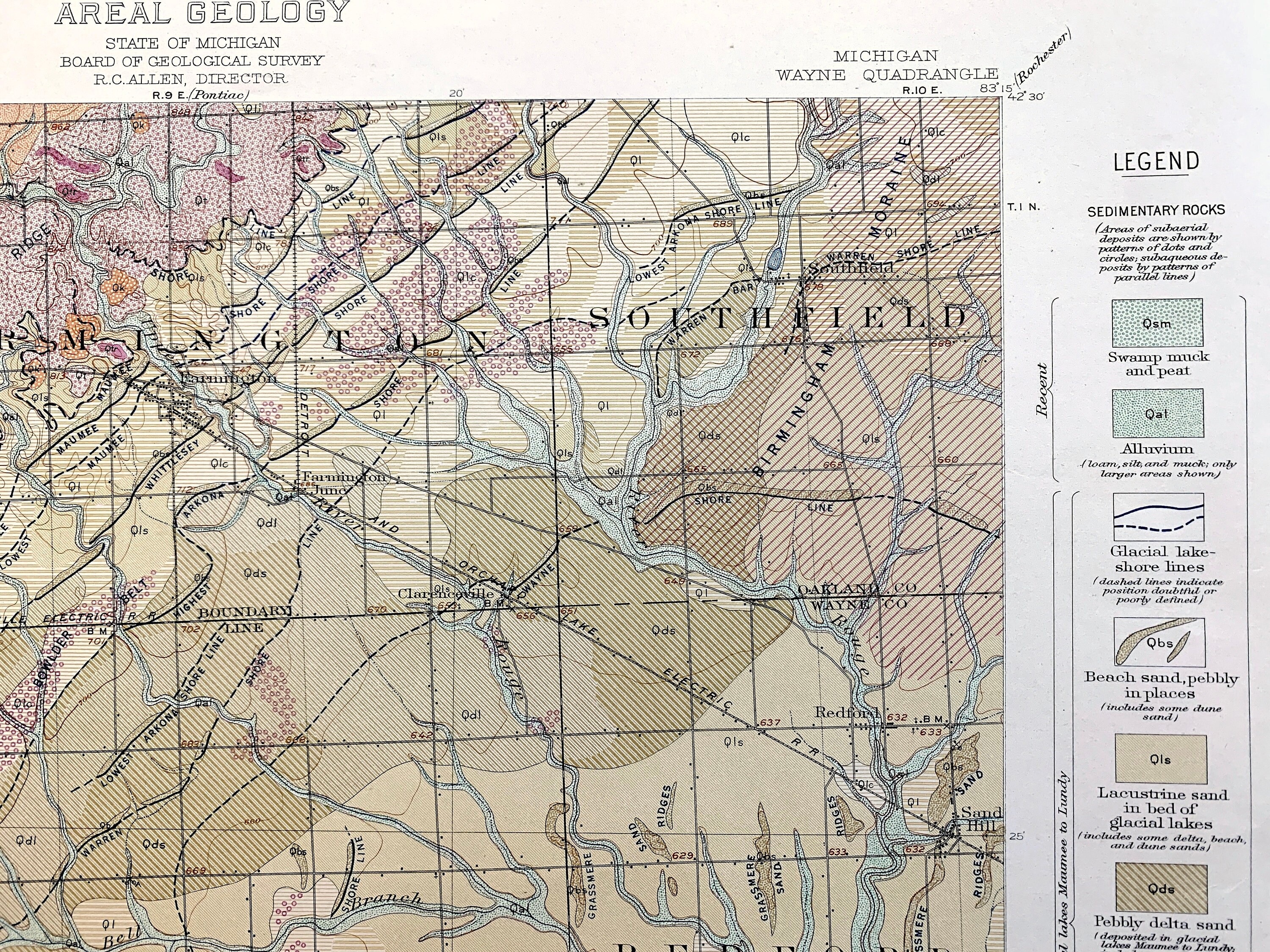 アンティーク ウェイン、ミシガン州 1916 年米国地質調査所地形図