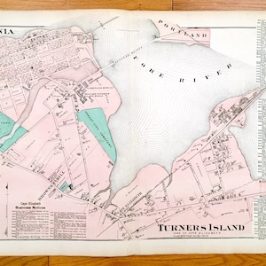 Antiguo 1871 Cabo Elizabeth, Maine Mapa de F.W. Beers Atlas del Condado de Cumberland – Portland, Ligonia, Turner's Island, Browns Hill, Fore ME