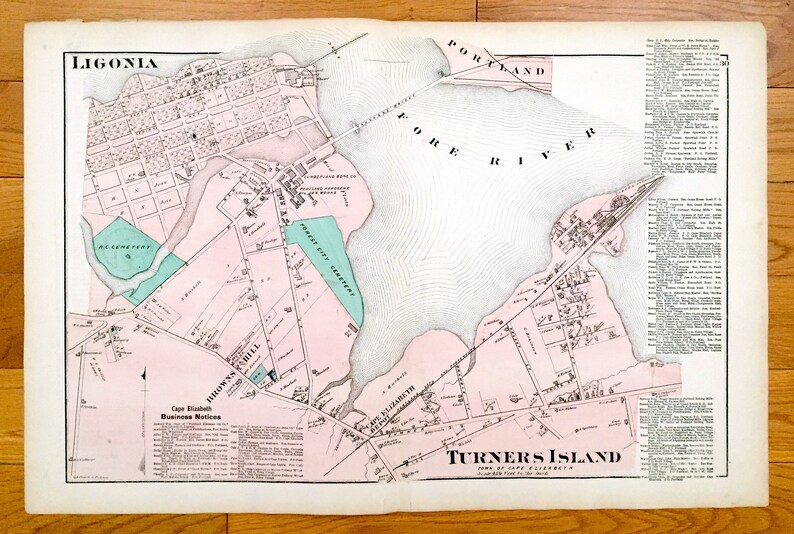 Maine Map from F.W Antique 1871 Cape Elizabeth Fore ME Turner/'s Island Beers Atlas of Cumberland County \u2013 Portland Ligonia Browns Hill