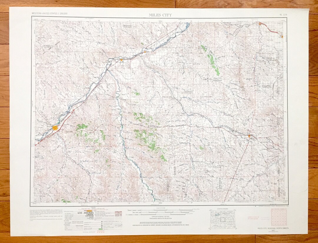 Antique Miles City, Montana 1953 US Geological Survey Topographic Map