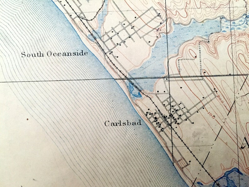 Escondido Carlsbad California 1901 US Geological Survey Topographic Map \u2013 San Luis Rey Merle CA Antique Oceanside Encinitas Santa Rosa