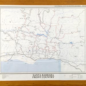 Antike Santa Barbara Front Country, Kalifornien 1986 Wanderkarte von Ray Ford – Montecito, El Rincon, Santa Ynez Mountains CA