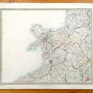 Antike 1845 England Karte von SDUK Atlas – Großbritannien, Liverpool, Manchester, Chester, Shrewsbury, Irish Channel, Mersey, Cardigan Bay