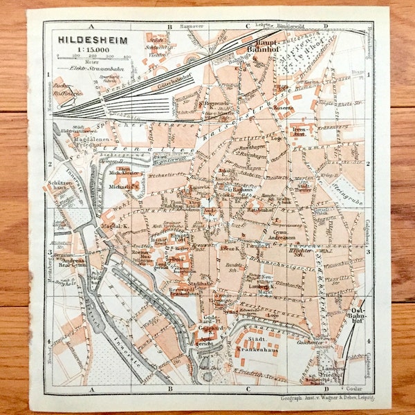 Antique 1925 Hildesheim, Germany Map from Baedekers Guide Atlas – Lower Saxony, Innerste River, Leine River, Haupt-Bahnhof, Ost-Bahnhof