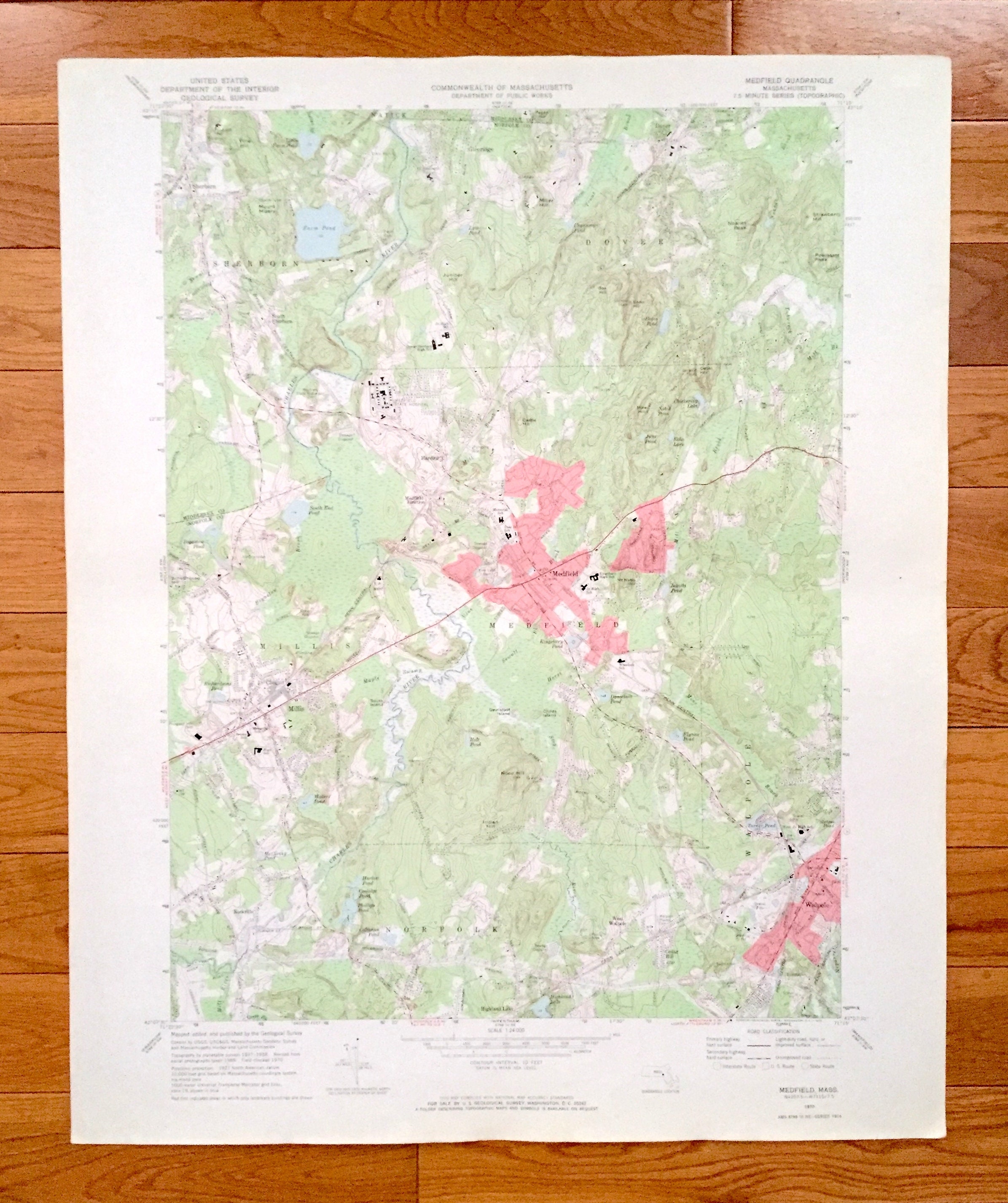 Antique Medfield, Massachusetts 1970 US Geological Survey Topographic