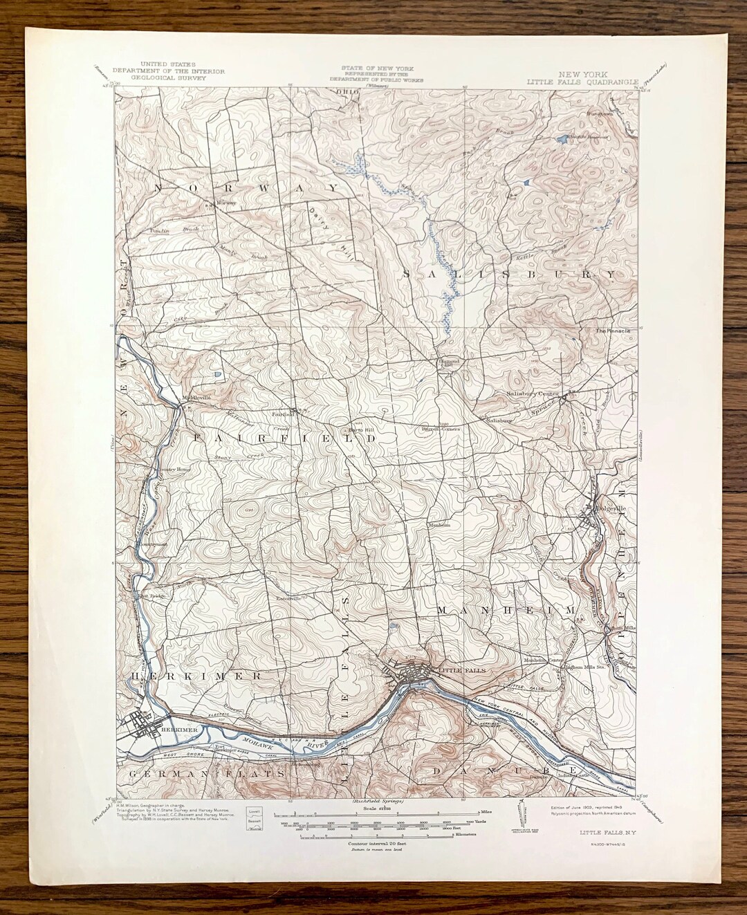 Antique Little Falls, New York 1903 US Geological Survey Topographic Map Herkimer, Fulton County