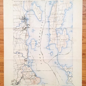 Antik topografisk karta från Plattsburgh, New York från 1906, amerikansk geologisk undersökning – Burlington, Lake Champlain, Port Kent, Hero Island, Vermont, NY, VT