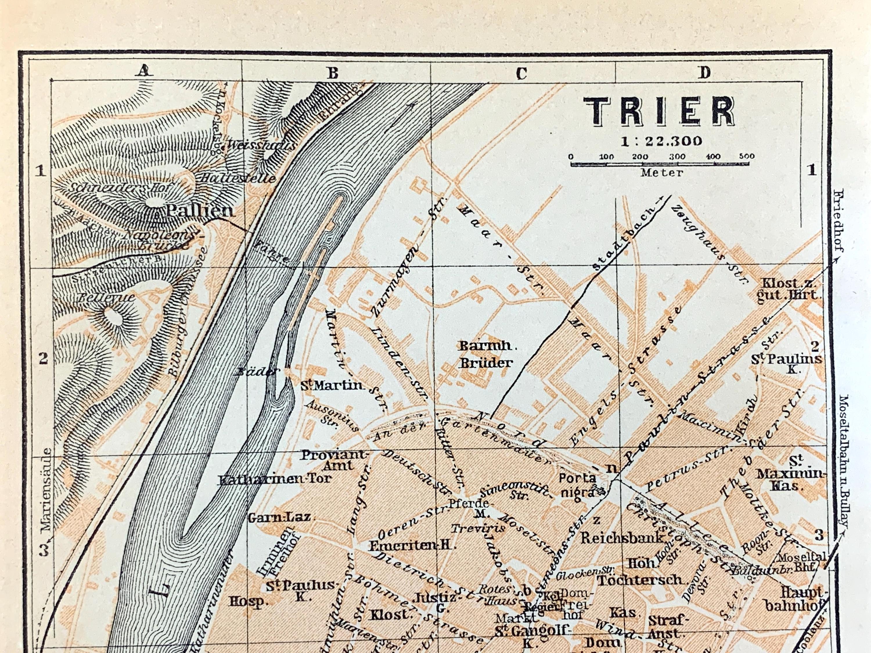 アンティーク 1911 年 トリーア、ドイツ地図、Baedekers Guide Atlas