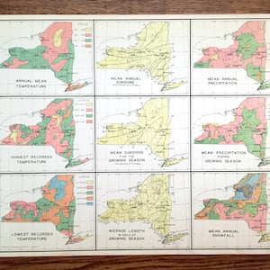 Antica mappa climatica di New York del 1941 dall'Atlante storico dello Stato di New York di WP Munger - Manhattan, Long Island, Adirondacks, Albany, NYC NY