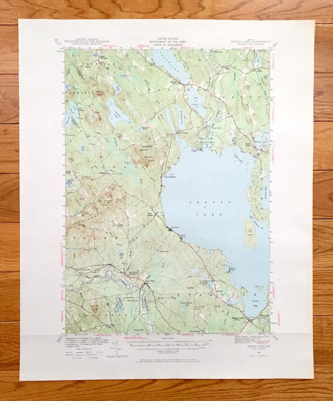 Antique Sebago Lake, Maine 1942 US Geological Survey Topographic Map