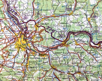 アンティーク バーゼル、スイス、1966 年ドイツ軍道路および測量地図