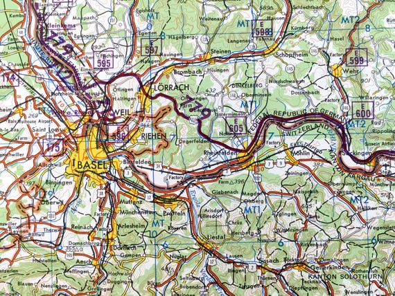 アンティーク バーゼル、スイス、1966 年ドイツ軍道路および測量地図