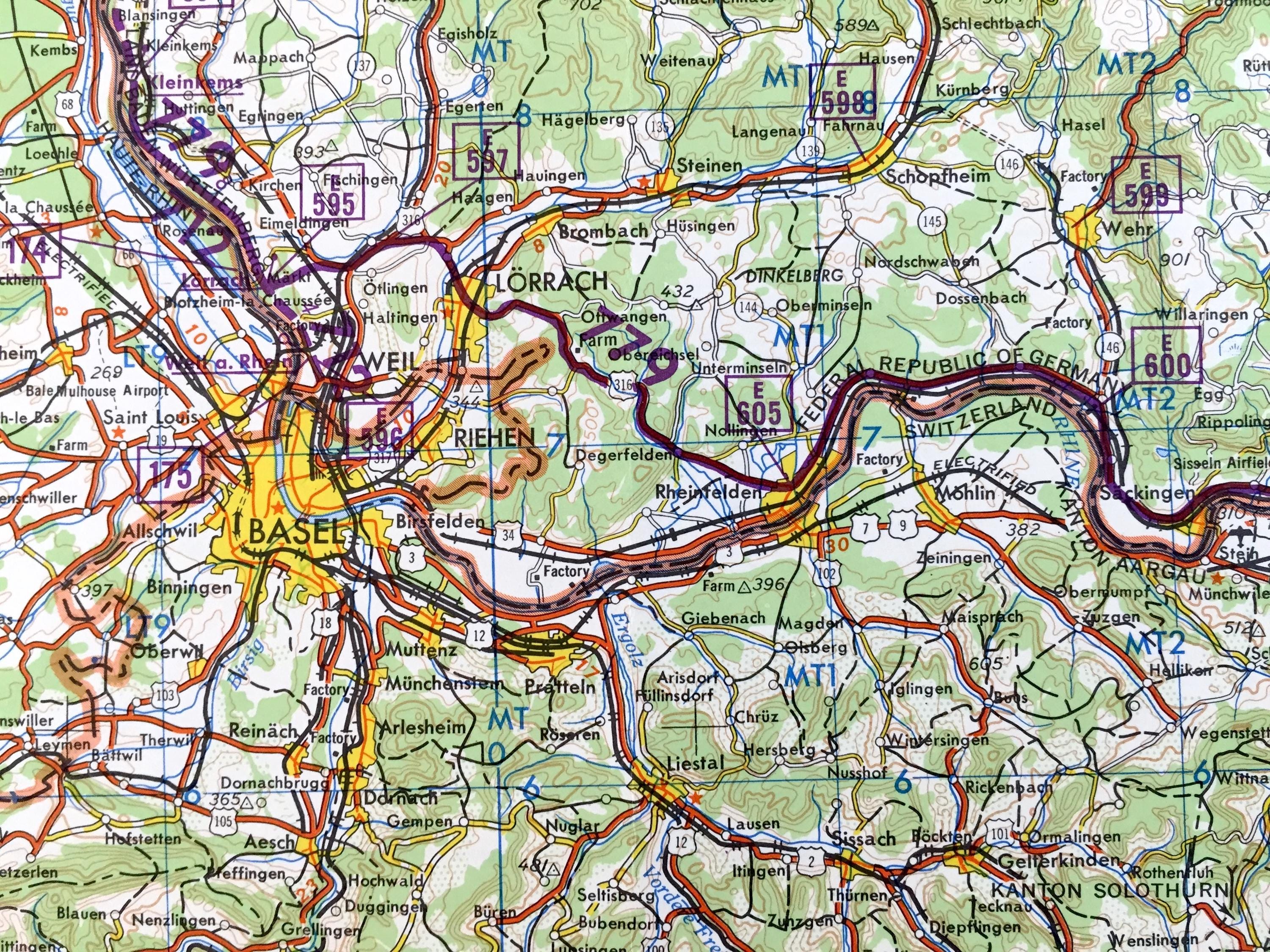 アンティーク バーゼル、スイス、1966 年ドイツ軍道路および測量地図