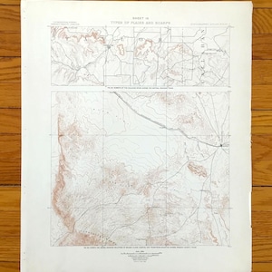 Puede incluir: Un mapa antiguo titulado "Sheet IX Types of Plains and Scarps" con características topográficas detalladas. El mapa presenta líneas de contorno marrones y blancas, carreteras y nombres de lugares, incluyendo "Taylor" y "Callahan". El papel tiene una apariencia ligeramente envejecida.