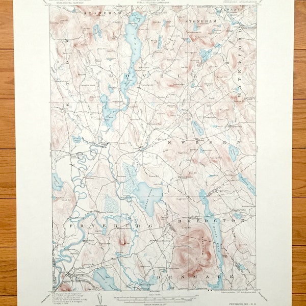 Antique Fryeburg, Maine 1909 US Geological Survey Topographic Mapa – Bridgton, Suecia, Lovell, Stow, Dinamarca, Cumberland, Academia, Kezar Lake