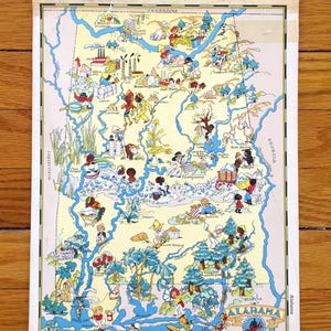 Ancienne carte de l'État de l'Alabama de 1938 de notre géographie gay par Ruth Taylor - Mobile, Montgomery, Huntsville, Tuskegee, Birmingham, Pensacola, AL