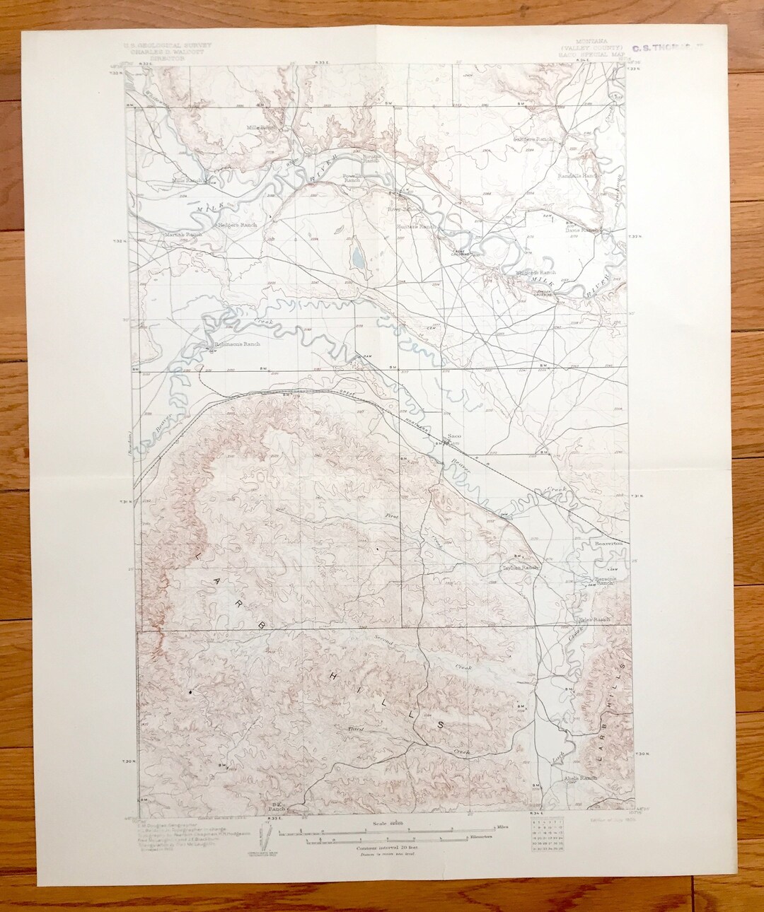 Antique Saco, Montana 1905 US Geological Survey Topographic Map Valley
