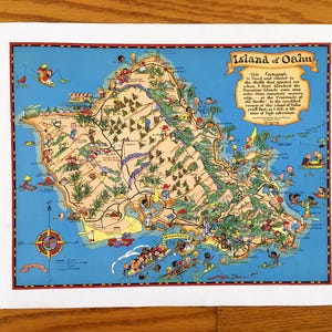 Mapa antiguo de la isla de Oahu, Hawaii de 1931 por Ruth Taylor – Honolulu, Pearl Harbor, Kahuku, Kailua, Waipahu, Haleiwa, Kaneohe, Ewa Forest, HI