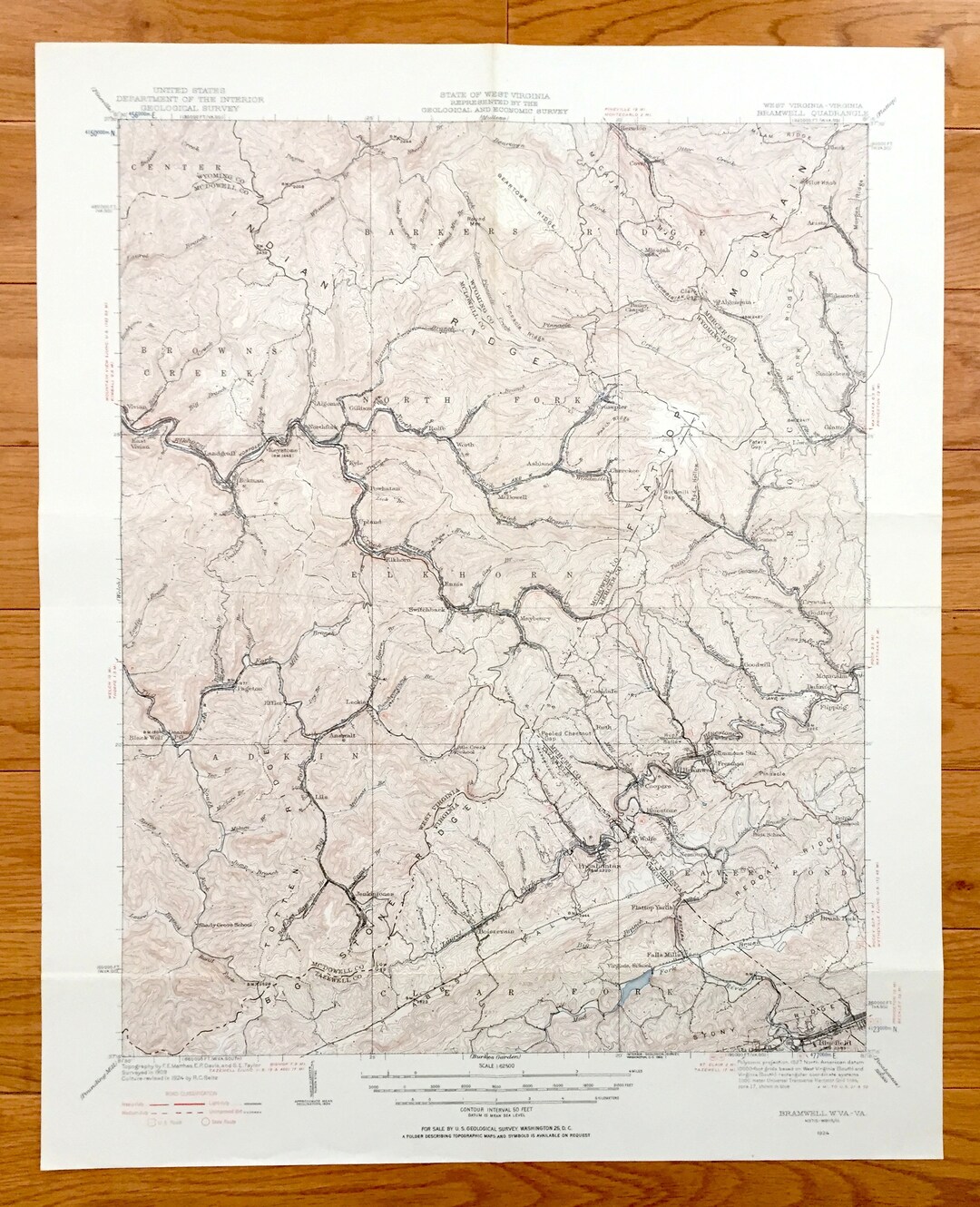 Antique Bramwell, West Virginia 1924 US Geological Survey Topographic