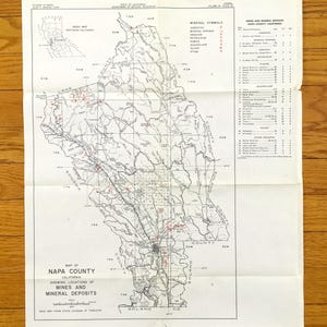 Mapa mineral antiguo del condado de Napa, California, de 1947: valle de Napa, región vinícola, Sonoma, St Helena, Calistoga, Yountville, American Canyon, CA