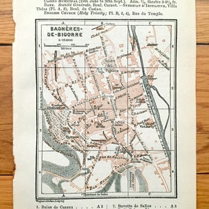 Antiguo 1914 Bagneres de Bigorre, Mapa de Francia de Baedekers Guía Atlas – Bains, Casino, Thermes, Boulevard, Abbatoir, Altos Pirineos