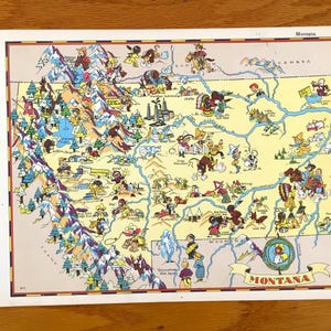 Antieke kaart van de staat Montana uit 1938 uit Our Gay Geography door Ruth Taylor - Billings Missoula Great Falls Bozeman Butte Glacier National Park MT
