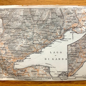Antiguo 1913 Salo, Italia Mapa de Baedekers Guide – Salò, Brescia, Lombardia, Lago di Garda, Fasano, Toscolano, Portese, Maderno, Volciano